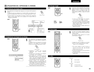 Page 93FRANCAIS
93
15
UTILISATION DE L’AFFICHAGE À L’ÉCRAN
+--
+
RC-973STATUS
RETURN
ANGLE AUDIO
SUB TITLE
SETUP
TONE /DIMMER
DVDENTER
MUTING
DISPLAY MENUTOP MENUVCR CH
PBCSURROUND SURROUNDPARAME
AMETER
CH SELECT
1
1
Pour sélectionner une langue audio, appuyez sur la touche AUDIO pendant la
lecture.
À chaque fois que vous appuyez sur la touche AUDIO, une langue et son
système d’enregistrement sonore inclus sur le disque apparaissent à l’écran.
AUDIO
(1) Sélectionner une langue audio
Télécommande
DVD•Certains...