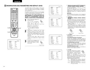 Page 9696
FRANCAIS
17
MODIFICATION DES PARAMÈTRES PAR DÉFAUT (DVD)
Ce chapitre décrit comment utiliser le menu DVD
SETUP. La plupart des paramétrages et réglages
doivent être définis lorsque vous utilisez le système
pour la première fois.
En utilisant le menu DVD SETUP, vous pouvez régler
la taille de l’image, régler une langue pour l’affichage
à l’écran, limiter la lecture pour les enfants, etc.
ASSUREZ-VOUS QUE VOTRE TÉLÉVISEUR EST
BIEN CONNECTÉ À L’ADV-500SD ET QU’IL EST
ALLUMÉ. LA CONFIGURATION UTILISE LES...