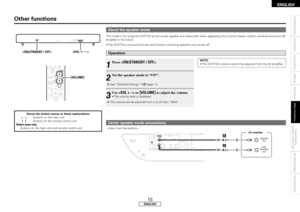 Page 19
ENGLISH
Other	functions
7žïÓ
$&/5&3065
46#800&3065
B
B

About	the	speaker	mode
This mode is for using the DHT-FS3 as the center speaker and subwoofer when upgrading into a home theater system centered around an AV amplifier in the future.
• The 
DHT-FS3’s surround function and function switching operation are turned off.
Operation
Center	speaker	mode	connections
1
 Press .
2
 Set the speaker mode to “ON”.
b  See “Detailed Settings” (vpage 11).
3
 Use  or [VOLUME] to adjust the volume.•  The volume...