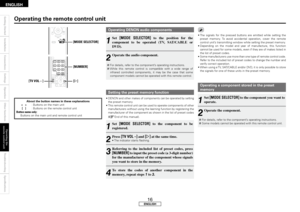 Page 20
ENGLISH
Getting	Started
Installation
Connections
Settings
Operation
Other	functions
Troubleshooting
Specifications
Operating	a	component	stored	in	the	preset	
memory
1
 Set [MODE SELECTOR] to the component you want to 
operate.
2
	Operate the component.
b  For details, refer to the component’s operating instructions.
b  Some models cannot be operated with this remote control unit.
Operating	the	remote	control	unit
Setting	the	preset	memory	function
About	the	button	names	in	these	explanations <			>   :...