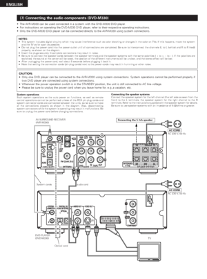 Page 1414
ENGLISH
(7) Connecting the audio components (DVD-M330)
•The AVR-M330 can be used connected in a system with the DVD-M330 DVD player.
•For instructions on operating the DVD-M330 DVD player, refer to their respective operating instructions.
•Only the DVD-M330 DVD player can be connected directly to the AVR-M330 using system connections.
Connecting the speaker systems
Connect the speaker system for the left channel (the left side as seen from the
front) to the L terminals, the speaker system for the...