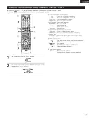 Page 1717
ENGLISH
Names and functions of remote control unit buttons on the DHT-M330DV
•Buttons in sections q~ ecan be operated regardless of the position of mode switches 1 and 2.
•Consider  as standard positions, and switch as necessary to operate.
3
12
q
we
3
q
q
q
3
1
2Set mode switch 1 to the “DVD” position.
Set mode switch 2 to the position of the function you want to
operate (DVD, TUNER or AMP.).
qSurround amplifier control buttons
ON : Turns the AVR-M330’s power on.
OFF : Turns the AVR-M330’s power...