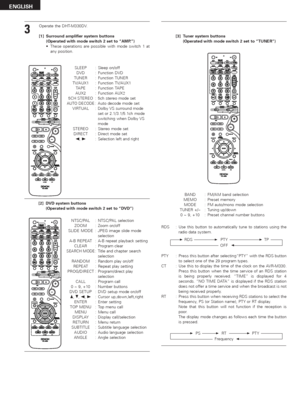 Page 1818
ENGLISH
3Operate the DHT-M330DV.
[1] Surround amplifier system buttons
(Operated with mode switch 2 set to “AMP.”)
•These operations are possible with mode switch 1 at
any position.
SLEEP : Sleep on/off
DVD : Function DVD
TUNER : Function TUNER
TV/AUX1 : Function TV/AUX1
TAPE : Function TAPE
AUX2 : Function AUX
25CH STEREO : 5ch stereo mode setAUTO DECODE:Auto decode mode set
VIRTUAL : Dolby VS surround mode
set or 2.1/3.1/5.1ch mode
switching when Dolby VS
mode
STEREO : Stereo mode set
DIRECT :...