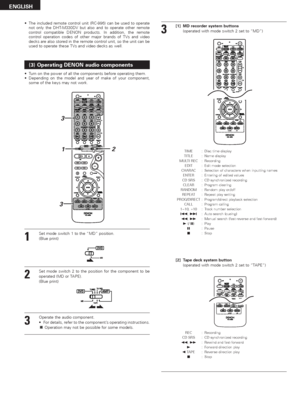 Page 2020
ENGLISH
•The included remote control unit (RC-996) can be used to operate
not only the DHT-M330DV but also and to operate other remote
control compatible DENON products. In addition, the remote
control operation codes of other major brands of TVs and video
decks are also stored in the remote control unit, so the unit can be
used to operate these TVs and video decks as well.
(3) Operating DENON audio components
•Turn on the power of all the components before operating them.
•Depending on the model and...