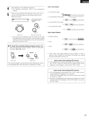 Page 3131
ENGLISH
4Start playback on the selected component.
•For operating instructions, refer to the component’s
manual.
•The volume can be adjusted within the range 0 to 60. Note
that depending on the input signal, surround mode, speaker
settings and channel level setting, it may not be possible to
adjust the volume up to 60.
5Either turn the MASTER VOLUME dial on the main unit or
use the VOLUME buttons on the remote control unit to
adjust the volume.
Main unit
+
-
Remote control unit
The volume level is...