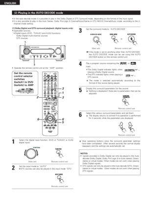 Page 3434
ENGLISH
(2) 
Playing in the AUTO DECODE mode
3 3
5 21
6 6
•In the auto decode mode it is possible to play in the Dolby Digital or DTS Surround mode, depending on the format of the input signal.
•It is also possible to play in the Auto Stereo, Dolby Pro-Logic IICinema/Music/Game or DTS NEO:6 Cinema/Music mode, according to the 2-
channel mode setting.
[1] Dolby Digital and DTS surround playback (digital inputs only)
•Applicable sources
•Digital inputs (DVD,  TV/AUX1 and AUX2 functions) 
Dolby Digital...