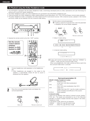 Page 3838
ENGLISH
(5) Playback using the Dolby Headphone mode
•The AVR-M330 is equipped with the Dolby Headphone mode, a technology developed jointly by Dolby Laboratories and Lake Technology for
achieving 3D sound over regular headphones.
•The Dolby Headphone mode is set when headphones are connected to the AVR-M330’s headphones jack.
•There are actually four Dolby Headphone modes creating different sound field effects: DH1, DH2, DH3 and Bypass (normal stereo playback).
•The Dolby Headphone mode is compatible...