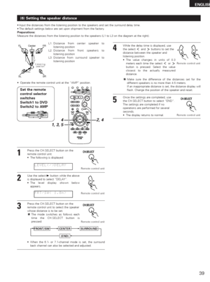 Page 3939
ENGLISH
(6) Setting the speaker distance
•Input the distances from the listening position to the speakers and set the surround delay time.
•The default settings below are set upon shipment from the factory.
Preparations:
Measure the distances from the listening position to the speakers (L1 to L3 on the diagram at the right).
FR FL
SR SLCenter
L2L1
L3
L1:Distance from center speaker to
listening position
L2:Distance from front speakers to
listening position
L3:Distance from surround speaker to...