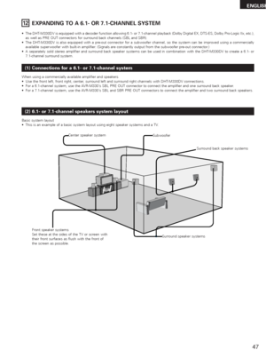 Page 4747
ENGLISH
12EXPANDING TO A 6.1- OR 7.1-CHANNEL SYSTEM
•The DHT-M330DV is equipped with a decoder function allowing 6.1- or 7.1-channel playback (Dolby Digital EX, DTS-ES, Dolby Pro-Logic IIx, etc.),
as well as PRE OUT connectors for surround back channels (SBL and SBR).
•The DHT-M330DV is also equipped with a pre-out connector for a subwoofer channel, so the system can be improved using a commercially
available superwoofer with built-in amplifier. (Signals are constantly output from the subwoofer...