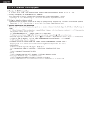 Page 4848
ENGLISH
(3) 6.1- or 7.1-channel surround playback
zChanging the Quick Setup settings
At “SPEAKER SETUP” under “Quick Setup procedure” (page 27), select the configuration to be used, “6.1CH” or “7.1CH”.
xChecking and adjusting the playback level using test tones
Before playing, use test tones to check and adjust the playback level of the different speakers. (Page 33)
•Depending on the 6.1/7.1-channel setting, the surround back channel is also displayed and can be set.
cSetting the delay time (distance...