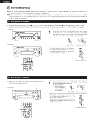 Page 5454
ENGLISH
2Making system connections between the AVR-M330 and the DVD player (DVD-M330) makes operation even easier. (For instructions on
connections, refer to “Connecting the audio components” on pages 14.)
2System functions will not work properly if the input/output function settings are not right for the connected components. Be sure to set the
input/output functions for the components being used. (See page 28.) The setting contents are maintained until they are next changed even
when the power is...