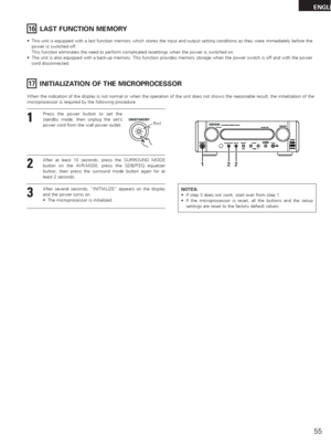 Page 5555
ENGLI
16LAST FUNCTION MEMORY
•This unit is equipped with a last function memory which stores the input and output setting conditions as they were immediately before the
power is switched off.
This function eliminates the need to perform complicated resettings when the power is switched on.  
•The unit is also equipped with a back-up memory. This function provides memory storage when the power switch is off and with the power
cord disconnected. 
17INITIALIZATION OF THE MICROPROCESSOR
When the...