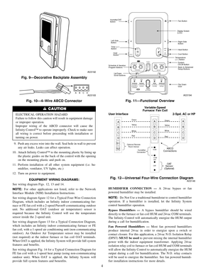 Page 4ELECTRICAL OPERATION HAZARD
Failure to follow this caution will result in equipment damage
or improper operation.
Improper wiring of the ABCD connector will cause the
Infinity Control™to operate improperly. Check to make sure
all wiring is correct before proceeding with installation or
turning on power.
9. Push any excess wire into the wall. Seal hole in wall to prevent
any air leaks. Leaks can affect operation.
10. Attach Infinity Control™to the mounting plastic by lining up
the plastic guides on the...