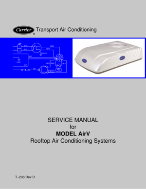 Page 1R
Transport Air Conditioning
T--298 Rev D
SERVICE MANUAL
for
MODEL AirV
Rooftop Air Conditioning Systems
R
Transport Air Conditioning
2P
CF
H
1
2BLK
BLU
WHT
WHT EVAP.GRN/YEL
WHTBRN
12YEL
RED
BLU
R
C
S
RED
PTCBLU 