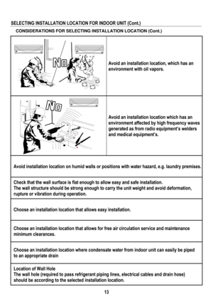 Page 16 
 
13
 
SELECTING INSTALLATION LOCATION FOR INDOOR UNIT (Cont.)   
CONSIDERATIONS FOR SELECTING INSTALLATION LOCATION (Cont.) 
 
Avoid an installation location, which has an 
environment with oil vapors. 
 
Avoid an installation location which has an 
environment affected by high frequency waves 
generated as from radio equipment’s welders 
and medical equipment’s. 
Avoid installation location on humid walls or positions with water hazard, e.g. laundry premises. 
Check that the wall surface is flat...