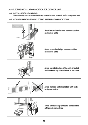 Page 18 
 
15
 
10. SELECTING INSTALLATION LOCATION FOR OUTDOOR UNIT  
 
10.1 INSTALLATION LOCATIONS 
The condensing unit can be installed in any outside location, on a wall, roof or on a ground level.  
10.2  CONSIDERATIONS FOR SELECTING INSTALLATION LOCATIONS 
 
   
 Avoid excessive distance between outdoor 
and indoor units 
    
Avoid excessive height between outdoor 
and indoor units 
 Avoid any obstruction of the unit air outlet 
and intake or any obstacle that is too close  
 Avoid multiple unit...