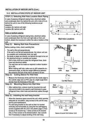 Page 22 
 
19
 
INSTALLATION OF INDOOR UNITS (Cont.) 
 
12-2  INSTALLATION STEPS OF INDOOR UNIT 
STEP (1): Selecting Wall Hole Location Back Piping 
In case of passing refrigerant piping lines, electrical cables 
and condensate drain line behind the unit, drill a hole of 8 cm 
behind the unit in one of the following locations as per 
sequence: 
Location (A): behind unit right.  
Location (B): behind unit Left.
   
 
Side or bottom piping 
In case of passing refrigerant piping lines, electrical cables 
and...