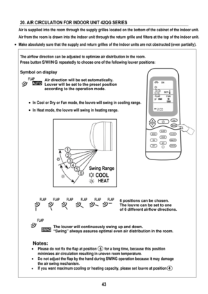Page 46 
 
43
 
20. AIR CIRCULATION FOR INDOOR UNIT 42QG SERIES  
Air is supplied into the room through the supply grilles located on the bottom of the cabinet of the indoor unit. 
Air from the room is drawn into the indoor unit through the return grille and filters at the top of the indoor unit. 
• Make absolutely sure that the supply and return grilles of the indoor units are not obstructed (even partially). 
 
The airflow direction can be adjusted to optimize air distribution in the room. 
Press button SWING...