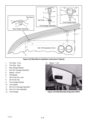 Page 28T--311
2-10
Top Panel
Top Panel
Rear Hanger AssemblyFront Hanger Assembly
Gen 4/5 Evaporator CoverFront Hanger Detail
1
2 3
45 66
7
77 89
810 6
14
13 12
11
Figure 2-23 Side Mount Installation Instructions (Typical)
1. Trim Strip - Front
2. Trim Strip - Rear
3. Rear Hanger Bracket
4. 3/8-16X1 Carriage Head Bolt
5. Spacer, 1/8 Inch
6. Flat Washer
7. 3/8-16 Hex Nut, Lock
8. 3/8-16 Hex Nut
9. Front Hanger Bracket
10. Lock washer
11. 3/8-16 X 6 Carriage Head Bolt
12. 3/8-16 X 2 Hex Head Bolt
13. Front...