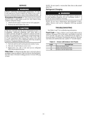 Page 14  
SERVICE 
Betbrepertbnningrecomlnendedmaintenance,besure 
unitmainpowerswitchisturnedoffFailuretodosomay 
resultinelectricalshockorinjurytbnnrotatingfanblade. 
PumpdownProcedure--Thesystemmaybepmnped 
downinordertomakerepairsonthelowsidewithoutlosing 
completeretiigerantcharge. 
1.Attachpressuregagetosuctionservicevalvegageport. 
2.Frontseatthemixedphaselinevalve. 
Theunitcoilsholdonlythefactory-desiNlatedamountof 
refrigerant.Additionalrefrigerantmaycauseunitsto...