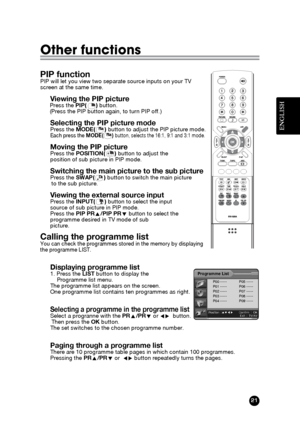 Page 21ENGLISH
2221
Other functions  
PIP functionPIP will let you view two separate source inputs on your TV
screen at the same time.
Viewing the PIP picturePress the PIP(      )button.
(Press the PIP button again, to turn PIP off.)
Selecting the PIP picture modePress the MODE(      )button to adjust the PIP picture mode.Each press the MODE(      )button, selects the 16:1, 9:1 and 3:1 mode.
Moving the PIP picturePress the POSITION(      )button to adjust the 
position of sub picture in PIP mode.
Switching the...