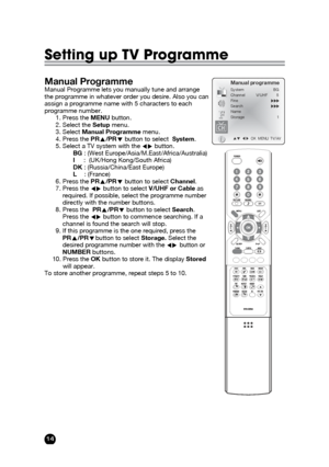 Page 1414
Setting up TV Programme
Manual ProgrammeManual Programme lets you manually tune and arrange
the programme in whatever order you desire. Also you can
assign a programme name with 5 characters to each
programme number.
1. Press theMENUbutton.
2. Select the Setupmenu.
3. Select Manual Programmemenu.
4. Press the PRx x
/PRy y
button to select  System.
5. Select a TV system with the Ï Ïq
q
button.
BG: (West Europe/Asia/M.East/Africa/Australia)
I    :  (UK/Hong Kong/South Africa)
DK: (Russia/China/East...