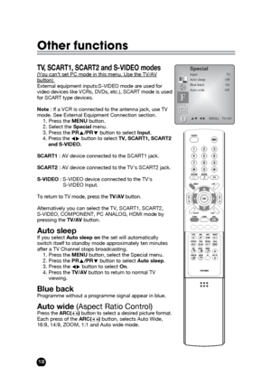 Page 1818
Other functions
TV, SCART1, SCART2 and S-VIDEO modes(You can’t set PC mode in this menu. Use the TV/AVbutton) External equipment inputs:S-VIDEO mode are used for
video devices like VCRs, DVDs, etc.), SCART mode is used
for SCART type devices.  
Note: If a VCR is connected to the antenna jack, use TV
mode. See External Equipment Connection section.
1. Press the MENUbutton.
2. Select the Specialmenu.
3. Press the PRx x
/PRy y
button to select Input.
4. Press the Ï Ïq
q
button to select TV, SCART1,...