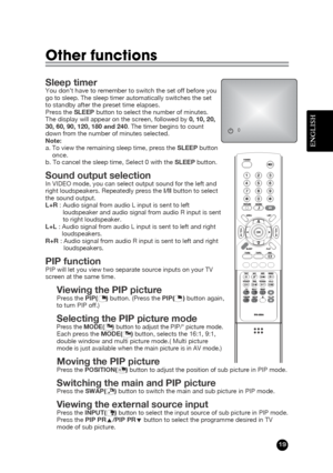 Page 19ENGLISH
19
Other functions
Sleep timerYou don’t have to remember to switch the set off before you
go to sleep. The sleep timer automatically switches the set
to standby after the preset time elapses.
Press the SLEEPbutton to select the number of minutes.
The display will appear on the screen, followed by 0, 10, 20,
30, 60, 90, 120, 180 and 240. The timer begins to count
down from the number of minutes selected.
Note:
a. To view the remaining sleep time, press the SLEEPbutton
once.
b. To cancel the sleep...