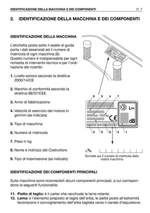 Page 1432. IDENTIFICAZIONE DELLA MACCHINA E DEI COMPONENTI
IDENTIFICAZIONE DELLA MACCHINA
L’etichetta posta sotto il sedile di guida
porta i dati essenziali ed il numero di
matricola di ogni macchina (6).
Questo numero è indispensabile per ogni
richiesta di intervento tecnico e per l’ordi-
nazione dei ricambi.
1.Livello sonoro secondo la direttiva
2000/14/CE
2.Marchio di conformità secondo la
direttiva 98/37/CEE
3.Anno di fabbricazione
4.Velocità di esercizio del motore in
giri/min (se indicata)
5.Tipo di...