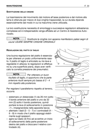 Page 169SOSTITUZIONE DELLE CINGHIE
La trasmissione del movimento dal motore all’asse posteriore e dal motore alla
lama è ottenuta per mezzo di due cinghie trapezoidali, la cui durata dipende
essenzialmente dal modo in cui la macchina viene utilizzata.
La loro sostituzione necessita di smontaggi e successive regolazioni abbastanza
complesse ed è indispensabile venga affidata ad un Centro di Assistenza Auto-
rizzato.
Sostituire le cinghie non appena manifestano palesi segni di
usura! USARE SEMPRE CINGHIE...