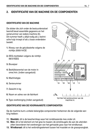 Page 1882. IDENTIFICATIE VAN DE MACHINE EN DE COMPONENTEN
IDENTIFICATIE VAN DE MACHINE
De sticker die zich onder de bestuurdersstoel
bevindt bevat essentiële gegevens en het
serienummer van iedere machine (6).
Dit nummer heeft u altijd nodig als u techni-
sche hulp inroept of als u losse onderdelen
bestelt.
1.Niveau van de geluidssterke volgens de
richtlijn 2000/14/CE
2.EEG-merkteken volgens de richtlijn
98/37/EEG
3.Bouwjaar
4.Bedrijfstoerental van de motor in
omw./min. (indien aangeduid)
5.Machinetype...