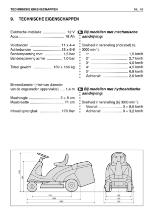 Page 226NL 45 TECHNISCHE EIGENSCHAPPEN 
9.TECHNISCHE EIGENSCHAPPEN 
Elektrische installatie....................... 12 V
Accu............................................. 18 Ah
Voorbanden.............................. 11 x 4-4
Achterbanden............................15 x 6-6
Bandenspanning voor ..................1,5 bar
Bandenspanning achter............... 1,0 bar
Totaal gewicht .................. 159 ÷ 168 kg
Binnendiameter (minimum diameter
van de ongesneden oppervlakte)
..... 1,4 m...