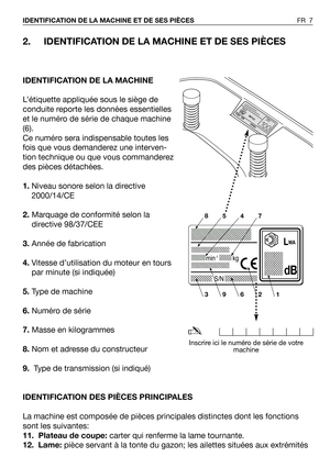 Page 82. IDENTIFICATION DE LA MACHINE ET DE SES PIÈCES
IDENTIFICATION DE LA MACHINE
L’étiquette appliquée sous le siège de
conduite reporte les données essentielles
et le numéro de série de chaque machine
(6).
Ce numéro sera indispensable toutes les
fois que vous demanderez une interven-
tion technique ou que vous commanderez
des pièces détachées.
1.Niveau sonore selon la directive
2000/14/CE
2.Marquage de conformité selon la
directive 98/37/CEE
3. Année de fabrication
4.Vitesse d’utilisation du moteur en...