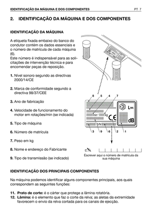 Page 82. IDENTIFICAÇÃO DA MÁQUINA E DOS COMPONENTES
IDENTIFICAÇÃO DA MÁQUINA
A etiqueta fixada embaixo do banco do
condutor contém os dados essenciais e
o número de matrícula de cada máquina
(6).
Este número é indispensável para as soli-
citações de intervenção técnica e para
encomendar peças de reposição.
1.Nível sonoro segundo as directivas
2000/14/CE
2.Marca de conformidade segundo a
directiva 98/37/CEE
3.Ano de fabricação
4.Velocidade de funcionamento do
motor em rotações/min (se indicada)
5.Tipo de...