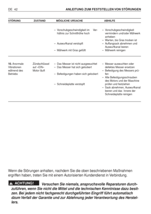 Page 131DE 42ANLEITUNG ZUM FESTSTELLEN VON STÖRUNGEN
STÖRUNG ZUSTAND MÖGLICHE URSACHE ABHILFE
10.Anormale
Vibrationen
während des
BetriebsZündschlüssel
auf «EIN»
Motor läuft–Vorschubgeschwindigkeit im     Ver-
hältnis zur Schnitthöhe hoch
–Auswurfkanal verstopft
–Mähwerk mit Gras gefüllt
–Das Messer ist nicht ausgewuchtet
–Das Messer hat sich gelockert
–Befestigungen haben sich gelockert
–Schneideplatte verstopft –Vorschubgeschwindigkeit
vermindern und/oder Mähwerk
anheben
–Warten, bis Gras trocken ist...