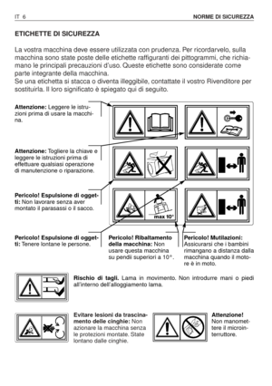 Page 139ETICHETTE DI SICUREZZA
La vostra macchina deve essere utilizzata con prudenza. Per ricordarvelo, sulla
macchina sono state poste delle etichette raffiguranti dei pittogrammi, che richia-
mano le principali precauzioni d’uso. Queste etichette sono considerate come
parte integrante della macchina.
Se una etichetta si stacca o diventa illeggibile, contattate il vostro Rivenditore per
sostituirla. Il loro significato è spiegato qui di seguito.
IT 6NORME DI SICUREZZA
Evitare lesioni da trascina-
mento delle...