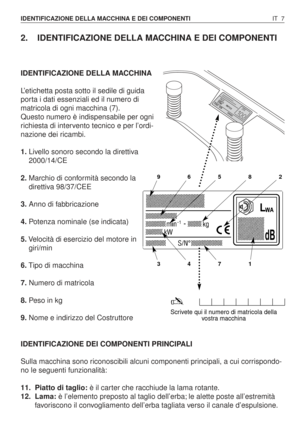 Page 1402. IDENTIFICAZIONE DELLA MACCHINA E DEI COMPONENTI
IDENTIFICAZIONE DELLA MACCHINA
L’etichetta posta sotto il sedile di guida
porta i dati essenziali ed il numero di
matricola di ogni macchina (7).
Questo numero è indispensabile per ogni
richiesta di intervento tecnico e per l’ordi-
nazione dei ricambi.
1.Livello sonoro secondo la direttiva
2000/14/CE
2.Marchio di conformità secondo la
direttiva 98/37/CEE
3.Anno di fabbricazione
4.Potenza nominale (se indicata)
5.Velocità di esercizio del motore in...