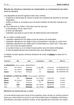 Page 27RÉSUMÉ DES PRICIPALES CONDITIONS DE CONSENTEMENT OU D’INTERVENTION DES DISPO-
SITIFS DE SÉCURITÉ
Les dispositifs de sécurité agissent selon deux critères:
–empêcher le démarrage du moteur si toutes les conditions de sécurité ne sont pas
respectées;
–  arrêter le moteur si ne serait-ce qu’une seule condition de sécurité n’est plus res-
pectée.
a)Pour démarrer le moteur, il faut dans tous les cas que:
–  la transmission soit au “point mort”;
–  la lame soit débrayée;
–  l’opérateur soit assis ou que le...