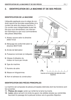 Page 82. IDENTIFICATION DE LA MACHINE ET DE SES PIÈCES
IDENTIFICATION DE LA MACHINE
L’étiquette appliquée sous le siège de con-
duite reporte les données essentielles et le
numéro de série de chaque machine (7).
Ce numéro sera indispensable toutes les
fois que vous demanderez une interven-
tion technique ou que vous commanderez
des pièces détachées.
1.Niveau sonore selon la directive
2000/14/CE
2.Marquage de conformité selon la
directive 98/37/CEE
3.Année de fabrication
4.Puissance nominale (si indiquée)...