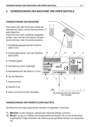 Page 962. KENNZEICHNUNG DER MASCHINE UND IHRER BAUTEILE 
KENNZEICHNUNG DER MASCHINE
Das Schild unter dem Fahrersitz enthält die
wesentlichen Daten und die Seriennummer (7)
jeder Maschine.
Diese Nummer muss unbedingt angegeben
werden, wenn Sie den Technischen Kunden-
dienst anfordern oder Ersatzteile bestellen.
1.Schallleistungspegel gemäß Richtlinie
2000/14/CE
2.Konformitätszeichen nach der Richtlinie
98/37/EWG
3.Herstellungsjahr
4.Nennleistung (wenn angezeigt)
5.Betriebsdrehzahl des Motors in U/min.
6.Typ der...