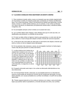 Page 19929ESNORMAS DE USO
5.7 ALCUNOS CONSEJOS PARA MANTENER UN BONITO CÉSPED
1.Para mantener el prado verde y suave, es necesario que sea cortado regularmente
sin traumatizar la hierba. El césped puede estar constituido por hierbas de diferentes
tipos. Con cortes frecuentes, crecen normalmente las hierbas que desarrollan muchas
raíces y forman un sólido estrato herboso; por el contrario, si los cortes se efectúan
con menor frecuencia, se desarrollan principalmente hierbas altas y selváticas (trébol,
margaritas,...