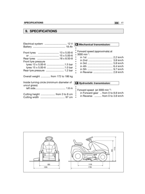 Page 12741ENSPECIFICATIONS
Forward speed (approximate) at
3000 min-1:
in 1st  ................................... 2.2 km/h
in 2nd  ................................. 3.8 km/h
in 3rd  ................................... 5.8 km/h
in 4th  ................................... 6.4 km/h
in 5th  ................................... 9.7 km/h
in Reverse  ........................... 2.8 km/h
Forward speed  (at 3000 min-1):
in Forward gear   .. from 0 to 8.8 km/h
in Reverse   .......... from 0 to 3.8 km/h
➤Hydrostatic...