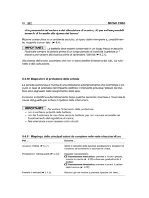 Page 15426ITNORME D’USO
si in prossimità del motore e del silenziatore di scarico; ciò per\
 evitare possibili
inneschi di incendio alla ripresa del lavoro!
Riporre la macchina in un ambiente asciutto, al riparo dalle intemperie e, possibilmen-
te, ricoprirla con un telo  (☛8.4).
La batteria deve essere conservata in un luogo fresco e asciutto.
Ricaricare sempre la batteria prima di un lungo periodo di inattività (superiore a 1
mese) e provvedere alla ricarica prima di riprendere l’attività (☛6.2.4).
Alla...