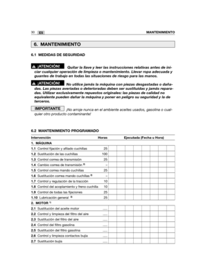 Page 200Intervención Horas Ejecutada (Fecha u Hora)
1. MÁQUINA
1.1Control fijación y afilado cuchillas 25
1.2Sustitución de las cuchillas 100
1.3Control correa de transmisión 25
1.4Cambio correa de transmisión 2)–
1.5Control correa mando cuchillas 25
1.6Sustitución correa mando cuchillas 2)–
1.7Control y regulación de la tracción 10
1.8Control del acoplamiento y freno cuchilla 10
1.9Control de todas las fijaciones 25
1.10Lubricación general  3)25
2. MOTOR1)
2.1Sustitución del aceite motor .....
2.2Control y...