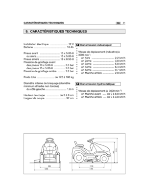 Page 8541FRCARACTÉRISTIQUES TECHNIQUES
Vitesse de déplacement (indicative) à
3000 min-1:
en 1ère   ............................... 2,2 km/h
en 2ème   ............................ 3,8 km/h
en 3ème   ............................. 5,8 km/h
en 4ème   ............................. 6,4 km/h
en 5ème  .............................. 9,7 km/h
en Marche arrière ................ 2,8 km/h
Vitesse de déplacement (à  3000 min-1):
en Marche avant   ..... de 0 à 8,8 km/h
en Marche arrière  .... de 0 à 3,8 km/h
➤Transmission...