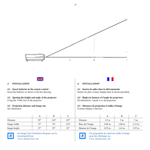 Page 1516
4 INSTALLATION
4.1 Insert batteries in the remote control 
Insert the batteries as shown in the last drawing.
4.2  djusting the height and angle of the projector
Using the 3 little feet of the projector
4.3  Projection distance and image size
See illustration.4. INSTALLATION
4.1  Insérez les piles dans la télécommande
Insérer les piles comme indiqué dans le dessin précédent.
4.2  Réglez la hauteur et l’angle du projecteur
En utilisant les 3 pieds à vis du projecteur.
4.3  Distances de projection et...