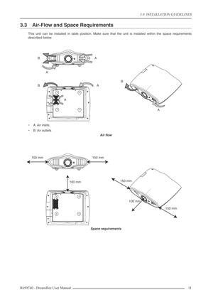 Page 11
3.0  INSTALLATION GUIDELINES
R699740 - DreamBee User Manual 11 
3.3 Air-Flow and Space Requirements
This unit can be installed in table position. Make sure that the unit is installed within the space requirements
described below.
•A: Air inlets
•B : Air outlets
Air ﬂow
Space requirements
A A
A
B
B
A
A
B
100 mm
150 mm
150 mm100 mm
150 mm
150 mm 