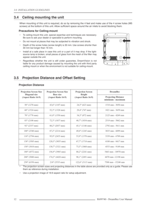 Page 12
3.0  INSTALLATION GUIDELINES
12R699740 - DreamBee User Manual
3.4 Ceiling mounting the unit
When mounting of this unit is required, do so by removing the 4 feet and make use of the 4 screw holes (M5
screws) at the bottom of this unit. Allow sufﬁcient space around the air inlets to avoid blocking them
.
Precautions for Ceiling-mount
•To ceiling-mount this unit, special expertise and techniques are necessary.
Be sure to ask your dealer or specialist to perform mounting.
• Do not mount at places that may...