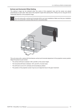 Page 13
3.0  INSTALLATION GUIDELINES
R699740 - DreamBee User Manual 13 
Vertical and Horizontal Offset Setting
The optimum image can be obtained when the centre of this projector’s lens and the screen are placed
perpendicular to each other. Take note of the projection angle when placing them. Failing to do so may give rise to
trapezoidal distortion of the projected image.
This unit comes with a optical shift that features vertical and horizontal adjustment of the projection screen position.
Adjust the picture...