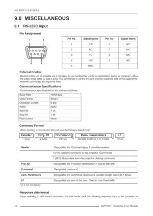 Page 38
9.0  MISCELLANEOUS
38R699740 - DreamBee User Manual
9.0 MISCELLANEOUS
9.1 RS-232C input
Pin Assignment
External Control
Control of this unit is possible via a computer by connecting this unit to an automation device or computer with a
RS-232C cross cable (D-sub 9 pins). The commands to control this unit and the response data format against the
received commands are explained here.
Communication Speciﬁcations
Communication speciﬁcations for this unit are as follows:
Command Format
When sending a command...